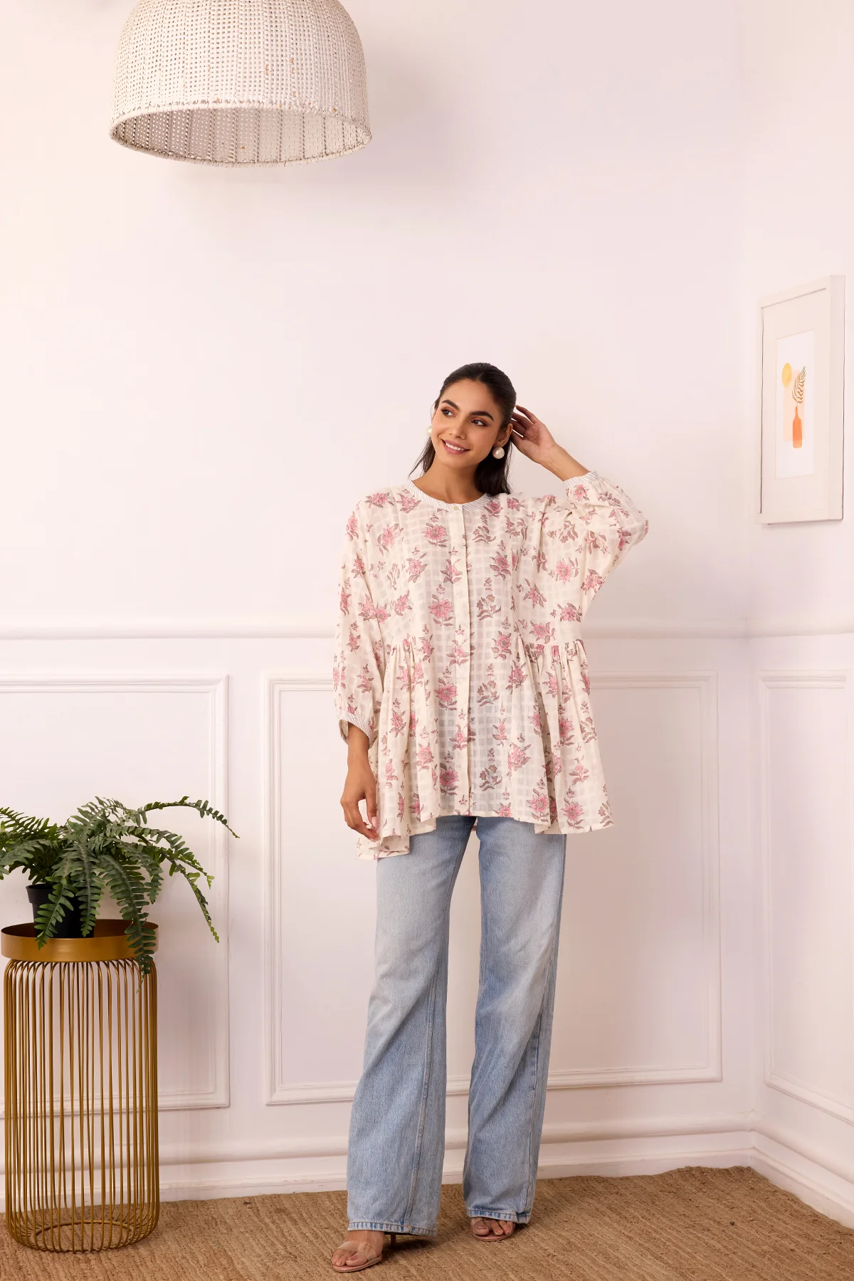 Ambarsariya Off White & Pink Cotton Dobby Top - Image 3