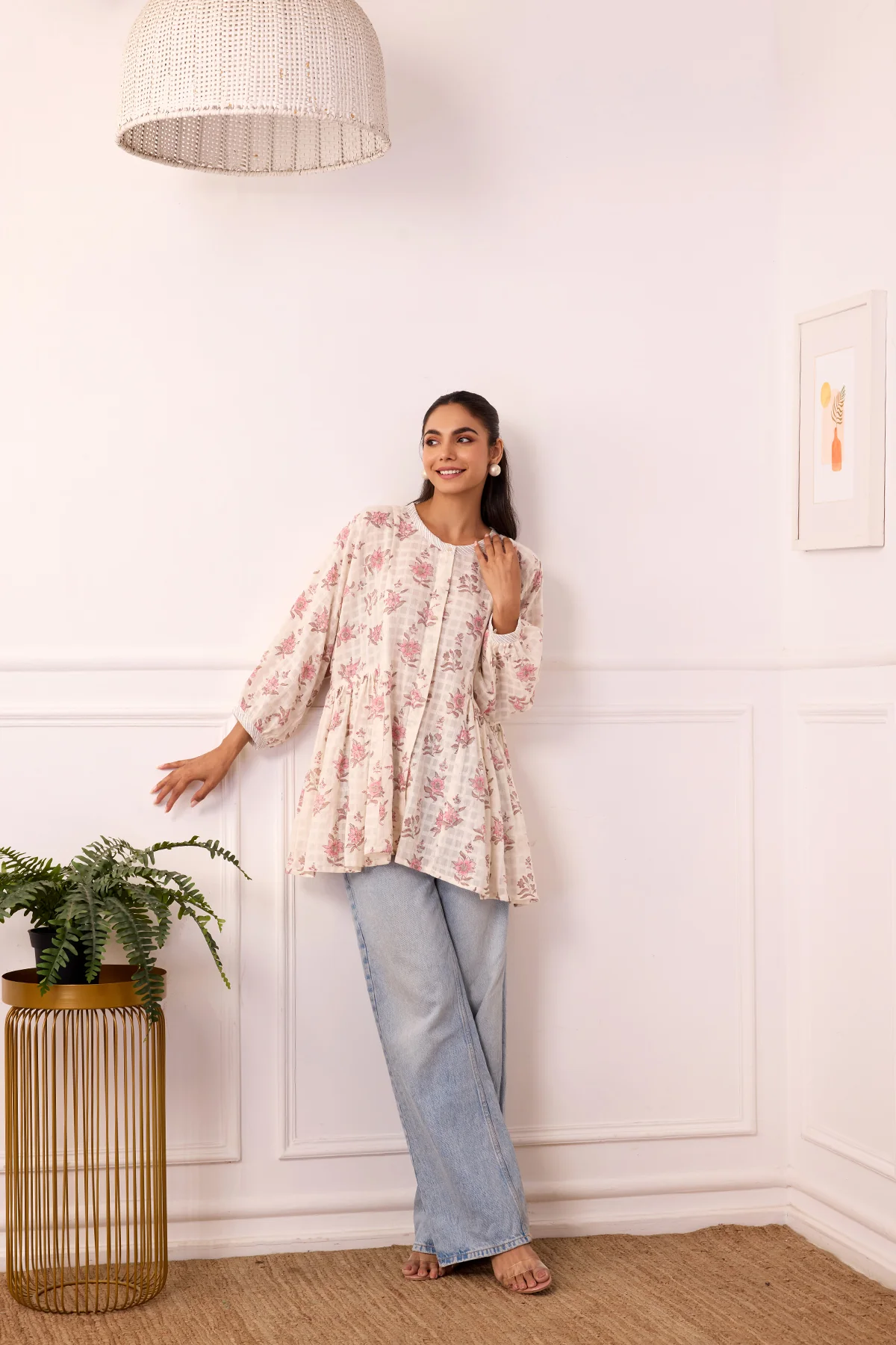 Ambarsariya Off White & Pink Cotton Dobby Top - Image 4