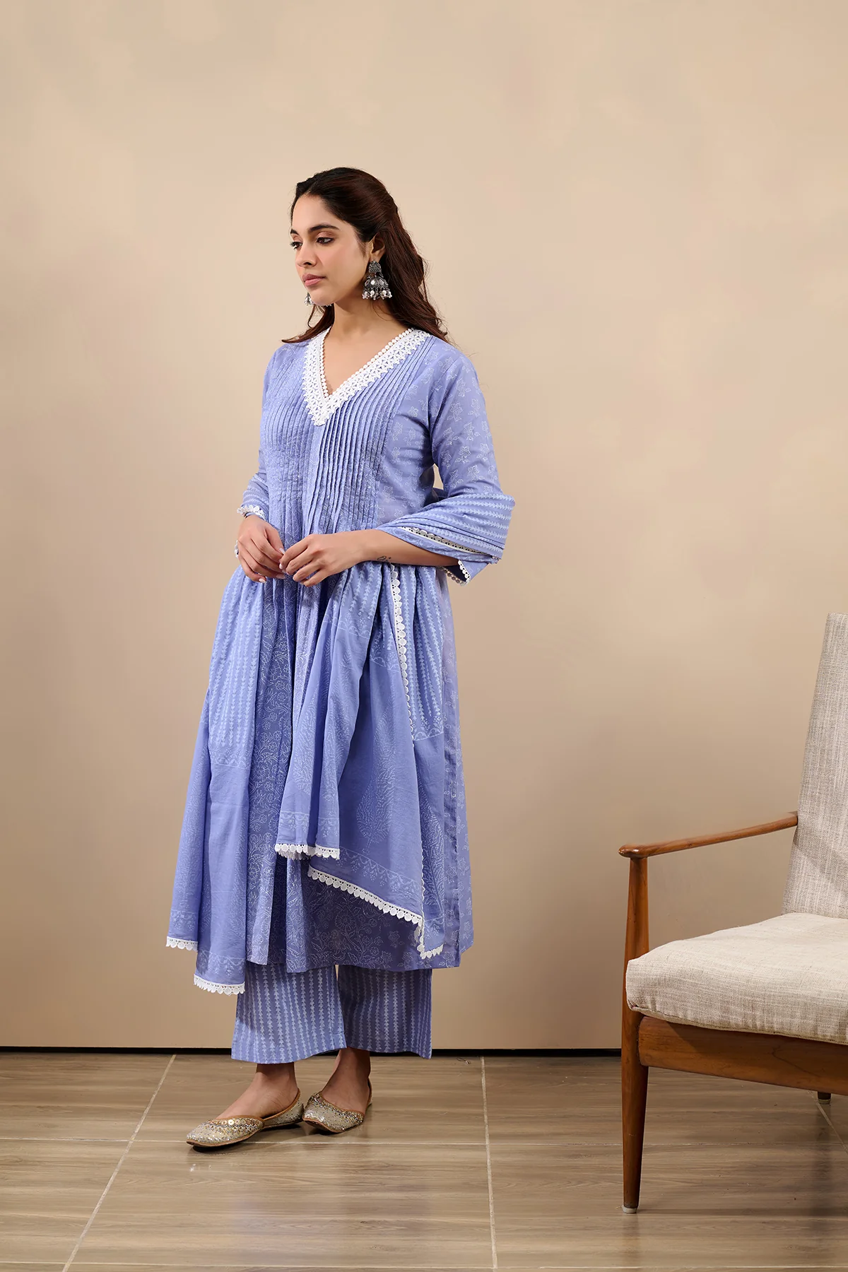Hoor Sky Blue A-Line Kurta with pant and Dupatta - 3 pcs Set - Image 2