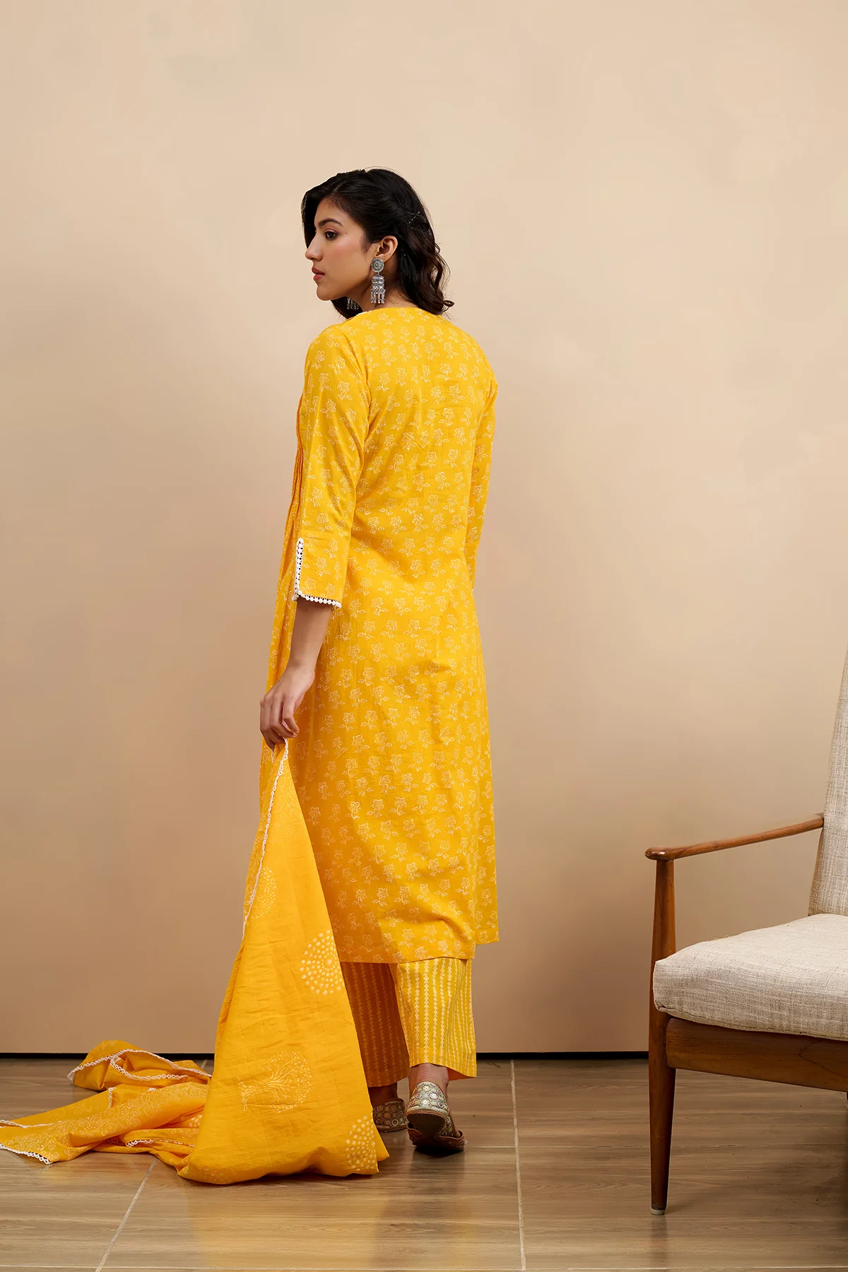Hoor Yellow A-Line Kurta with pant and Dupatta - 3 pcs Set - Image 3