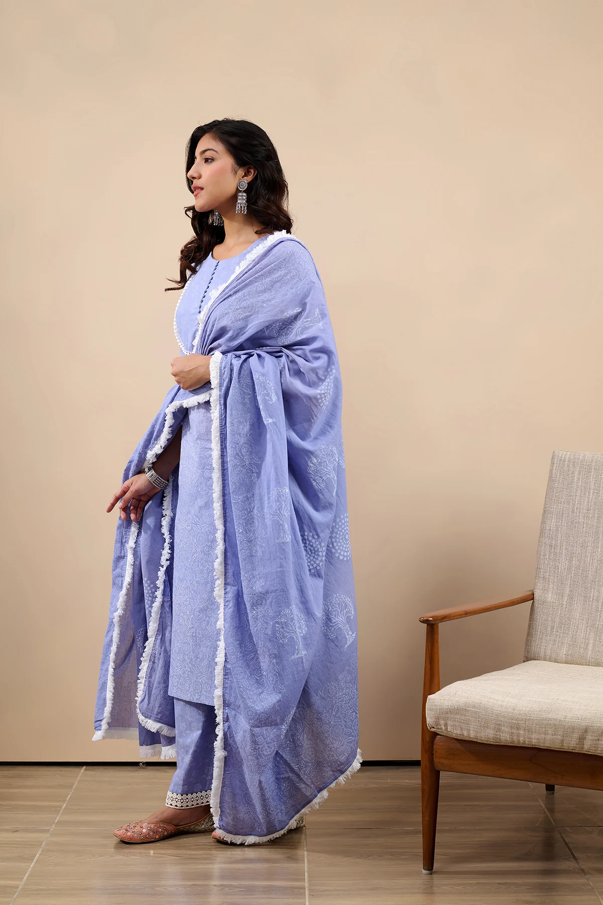 Hoor Sky Blue Straight Kurta with pant and Dupatta - 3 pcs Set - Image 5