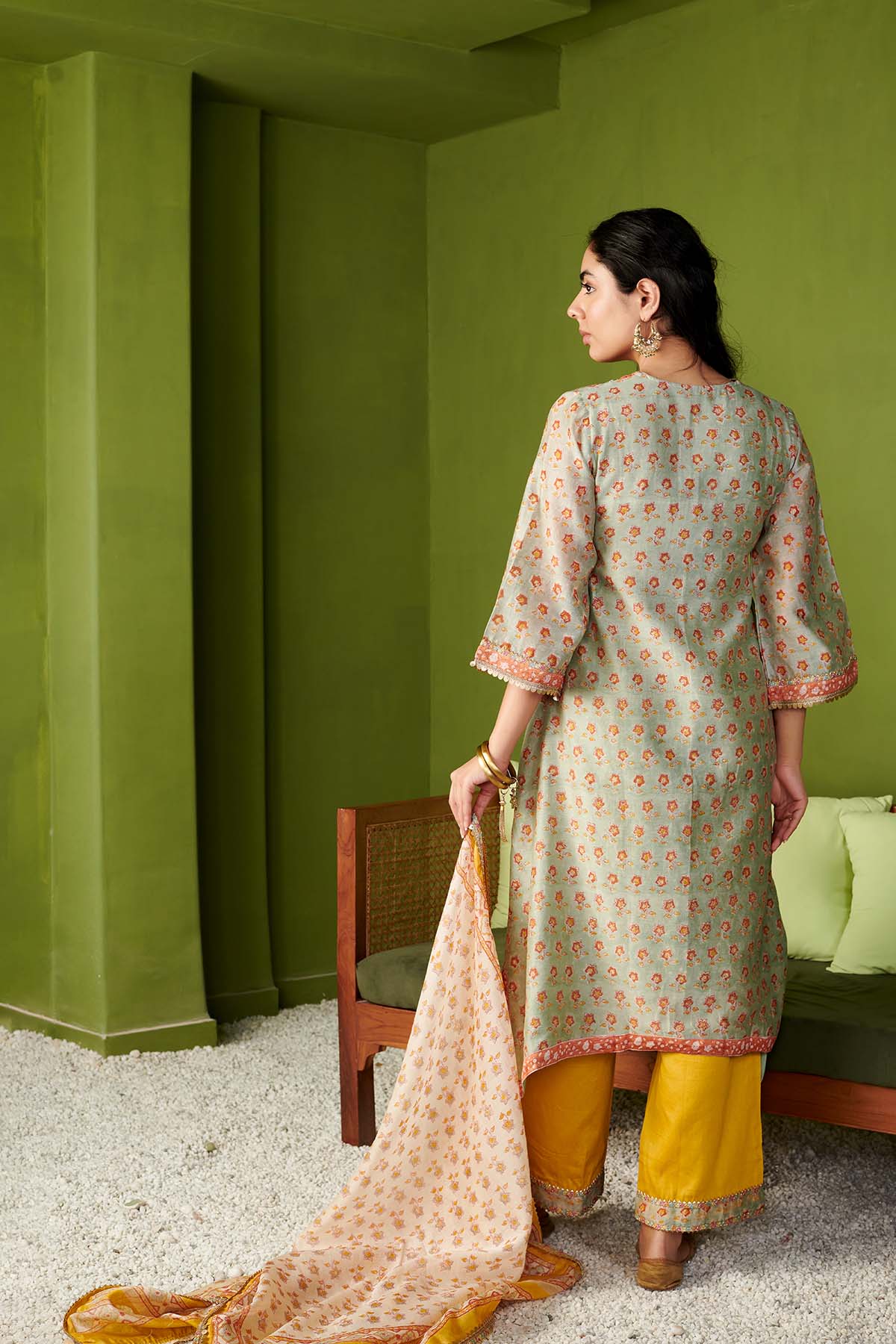 JASHN 2.O GREEN CHANDERI KURTA SET OF 3 - Image 3