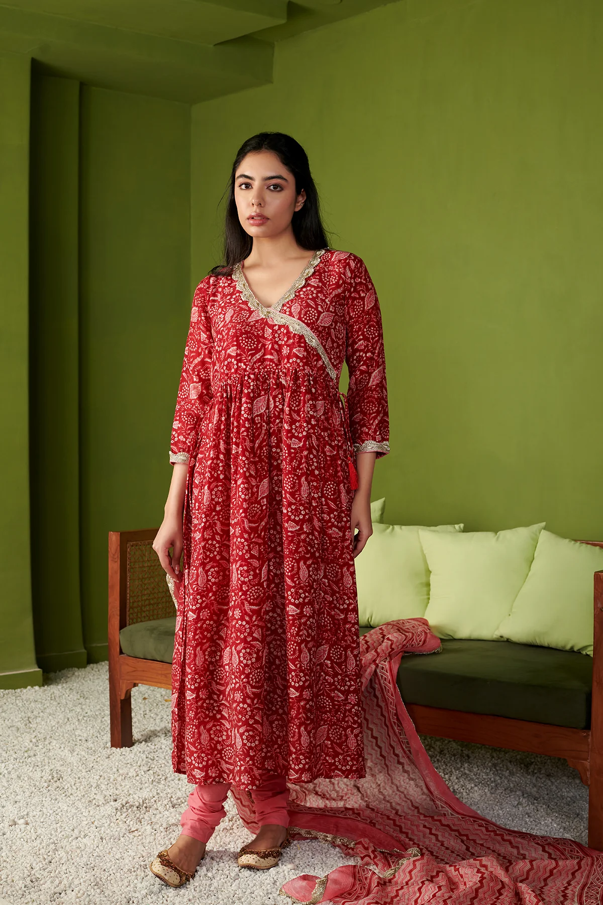 JASHN 2.O RED COTTON SILK ANARKALI SET OF 3 - Image 3