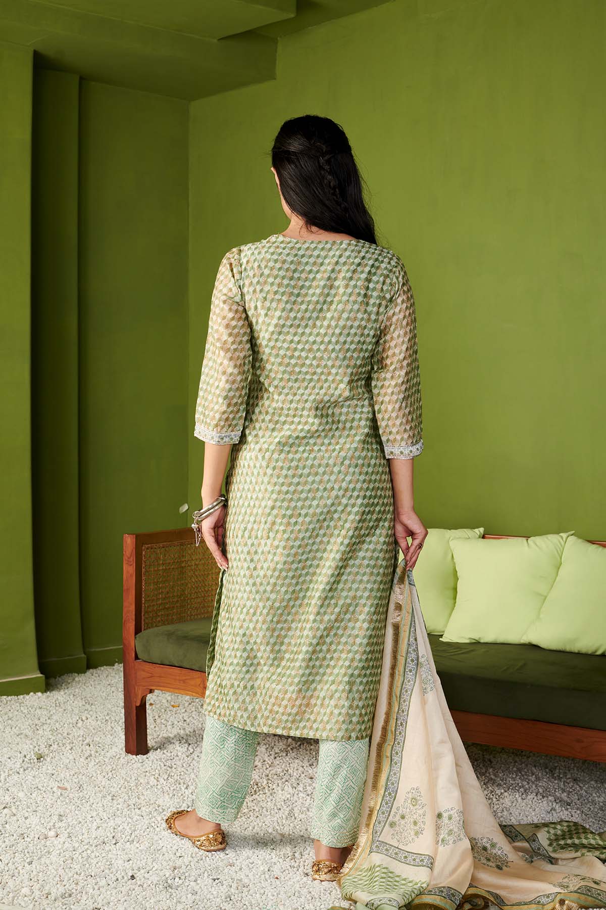 JASHN 2.O GREEN CHANDERI KURTA SET OF 3 - Image 3