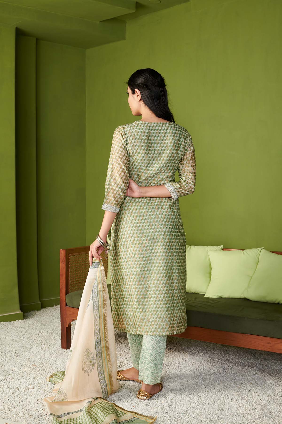 JASHN 2.O GREEN CHANDERI KURTA SET OF 3 - Image 5