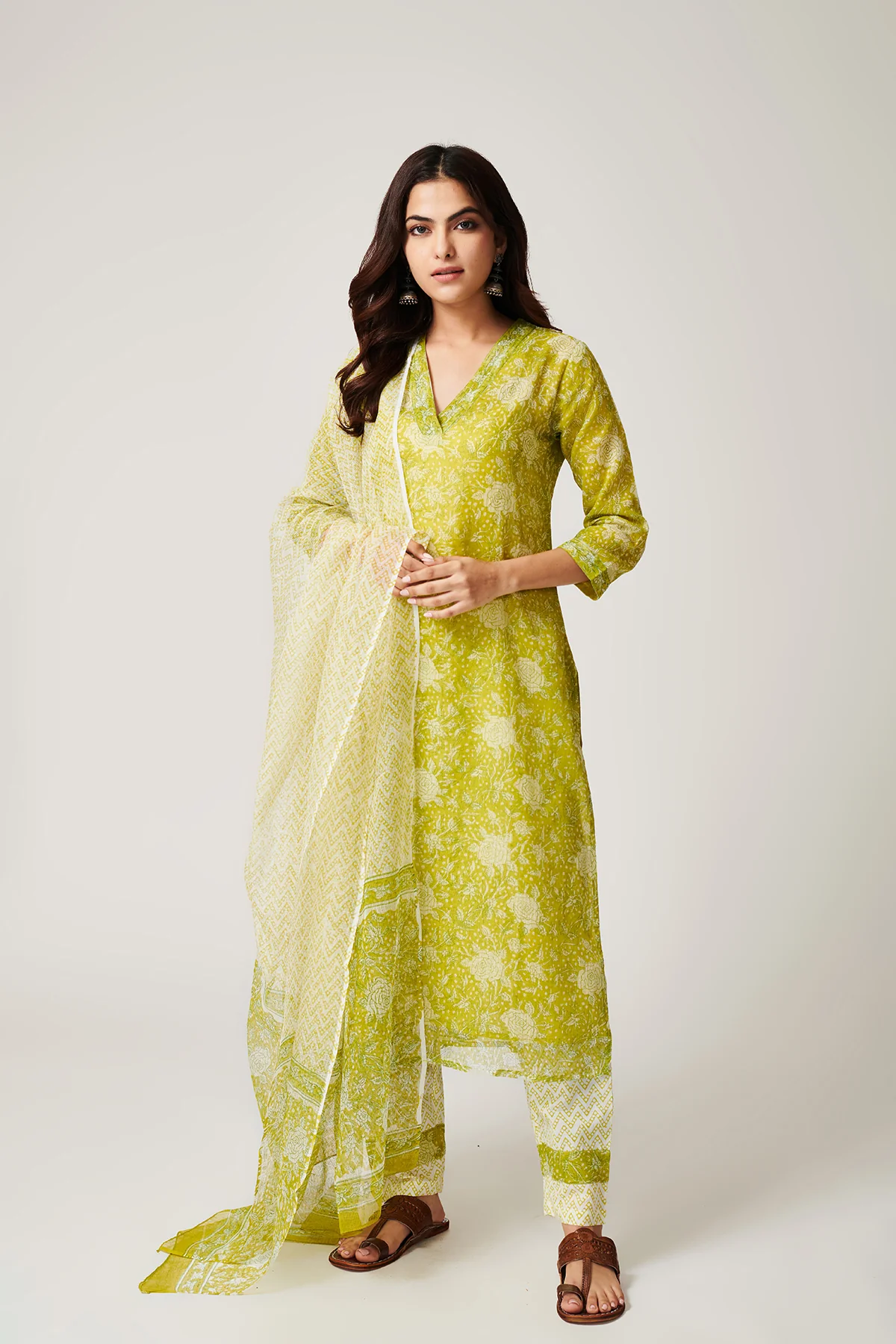 Kamal Lime Green Kota Doria Set of 3 - Image 3