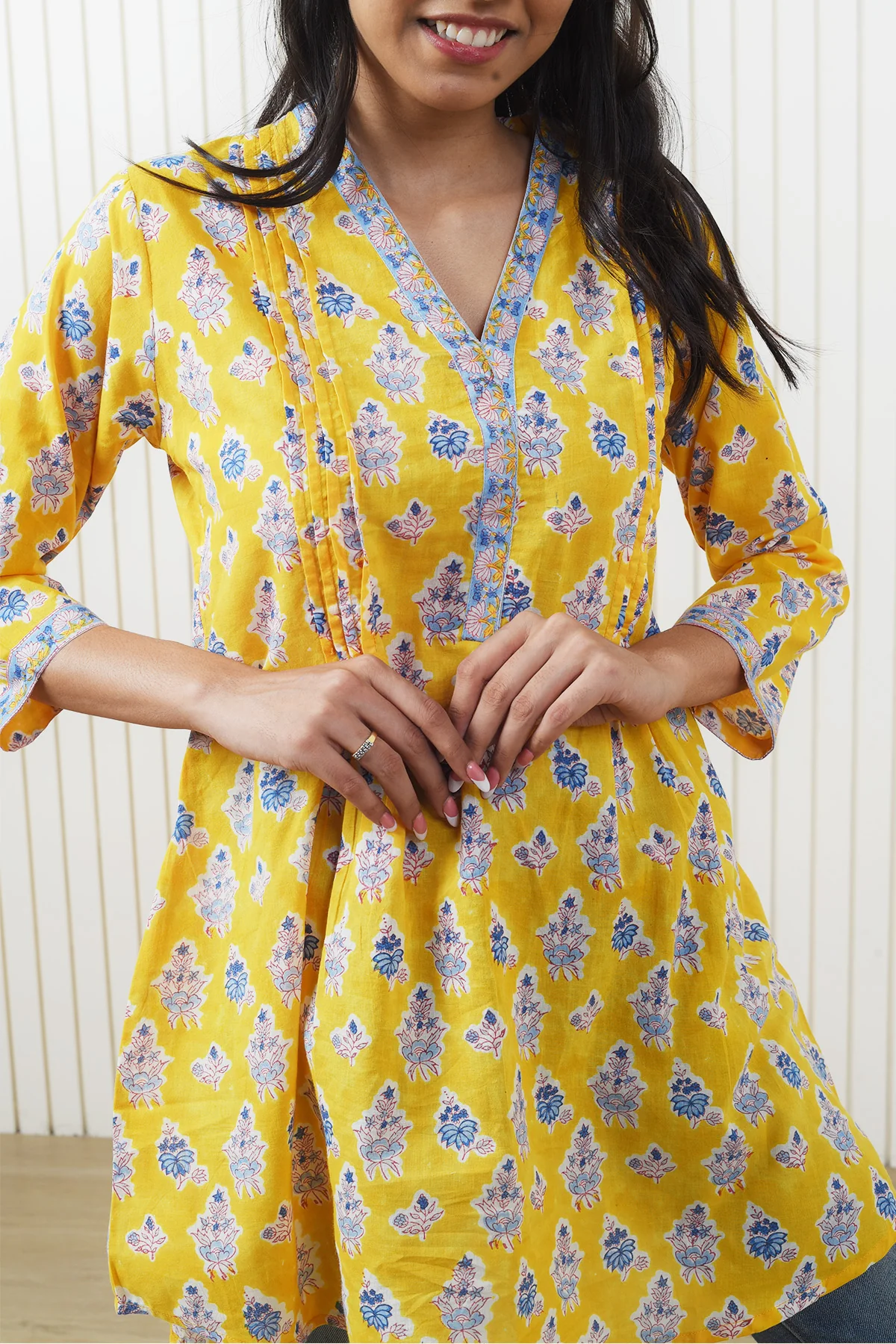 Madhuvan Yellow Booti Cotton Short Kurti - Image 5