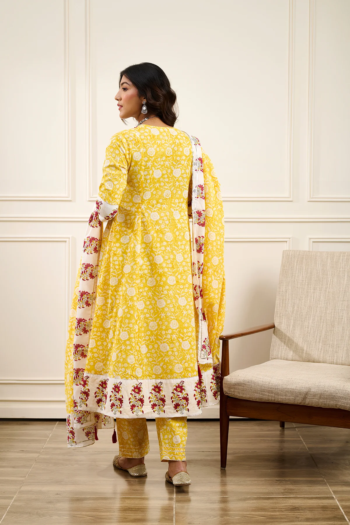 Roohi Yellow A-line Kurta with Pant and Dupatta- Set of 3 - Image 3