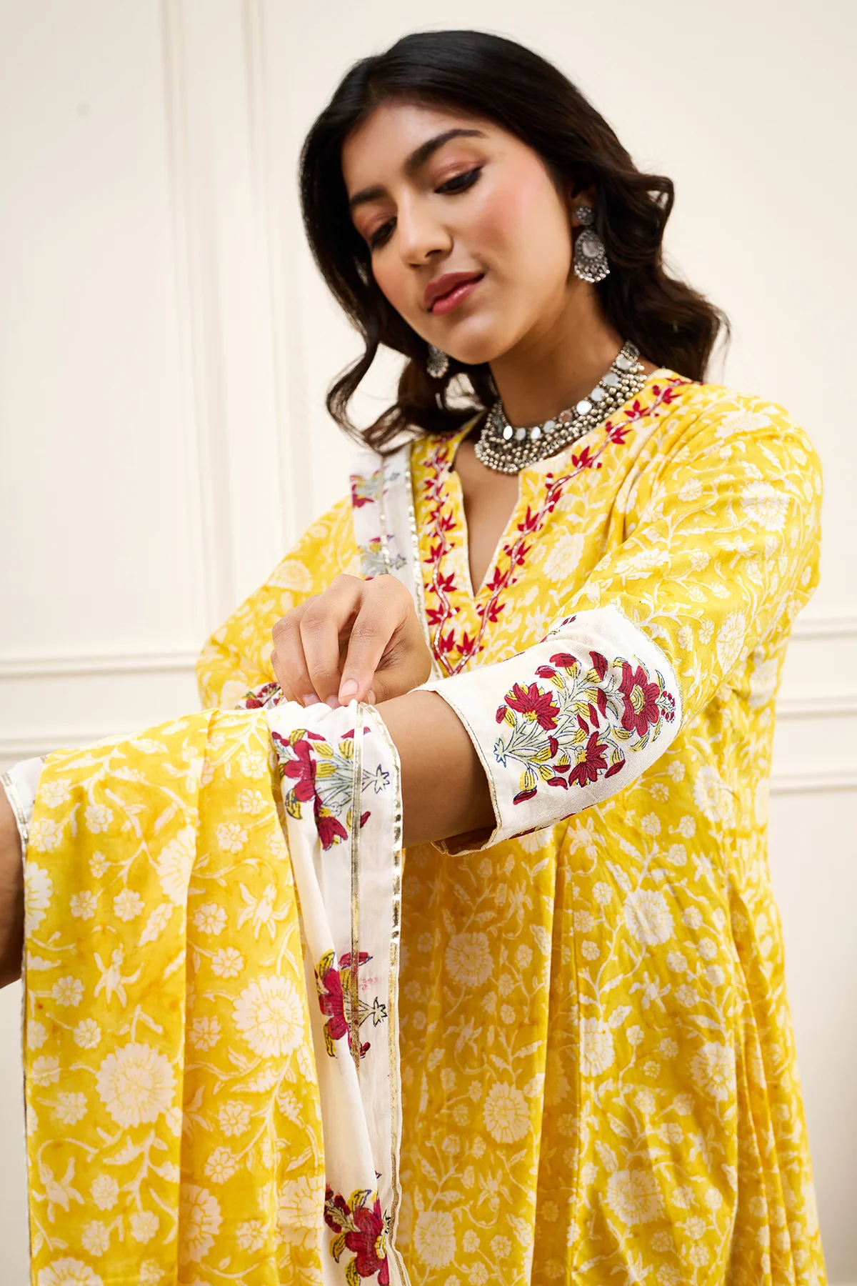 Roohi Yellow A-line Kurta with Pant and Dupatta- Set of 3 - Image 5