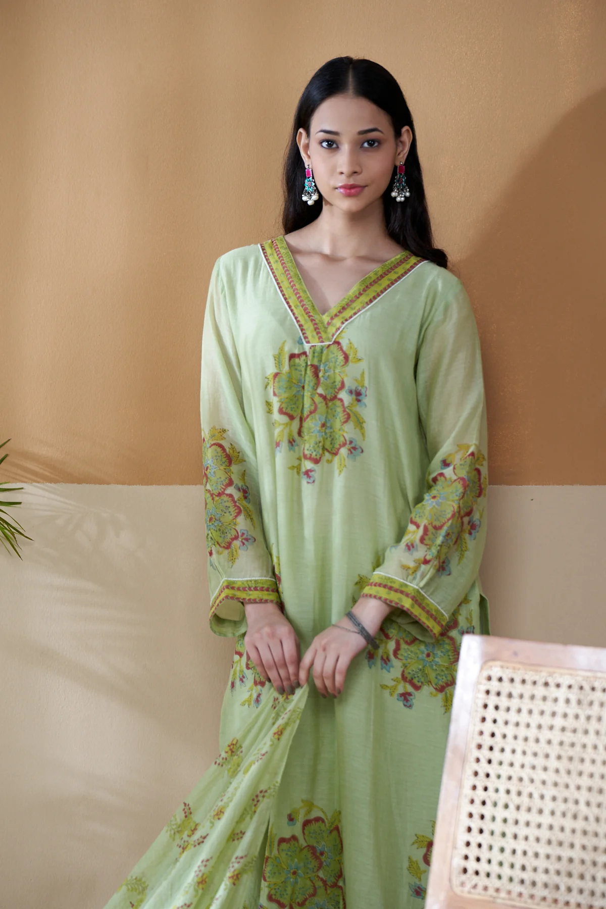 Gulab Green Chanderi Mulmul A-Line Kurta Set of 2