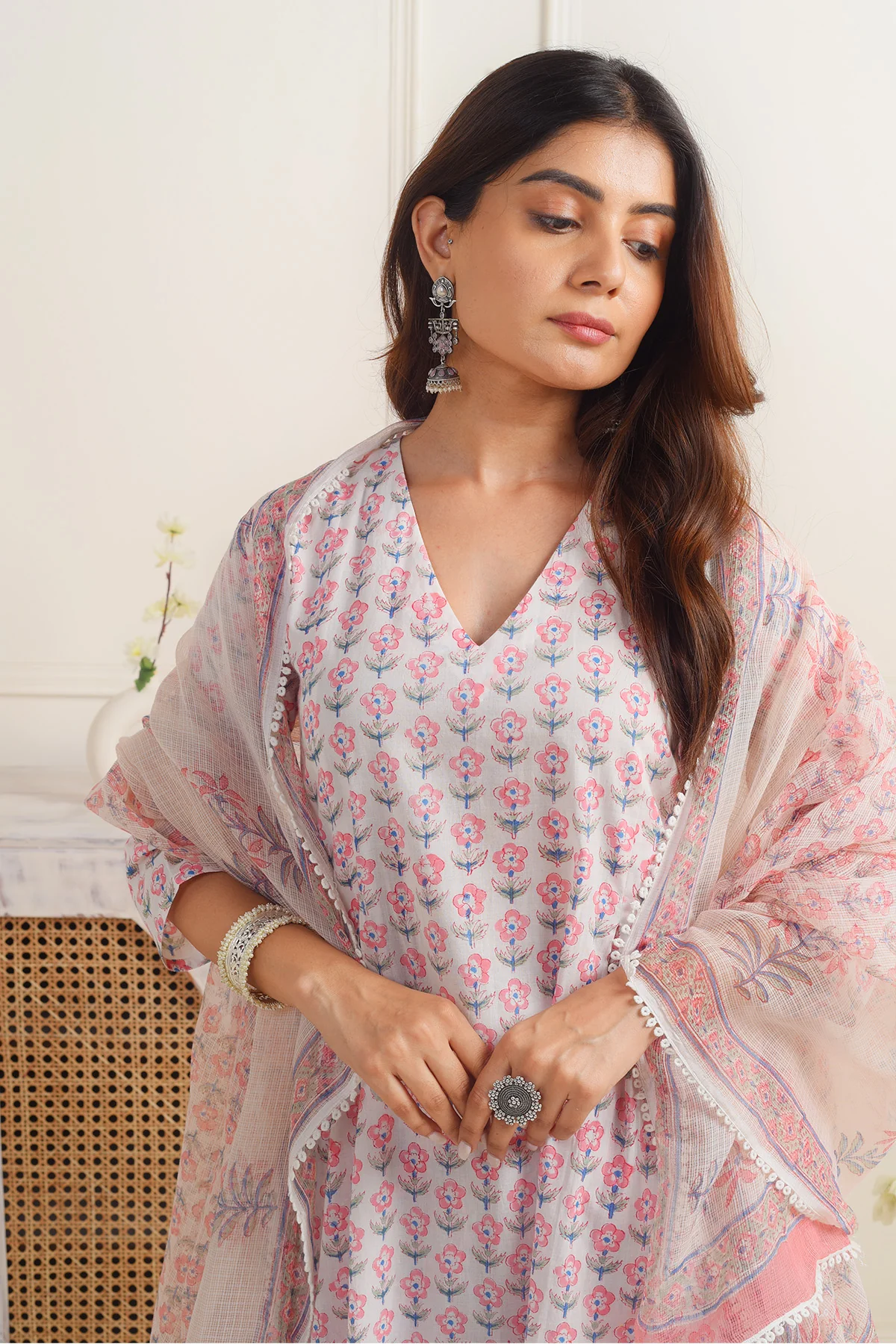 Mehak Jain in Gulbano Pink Booti Suit set of 3 - Image 6