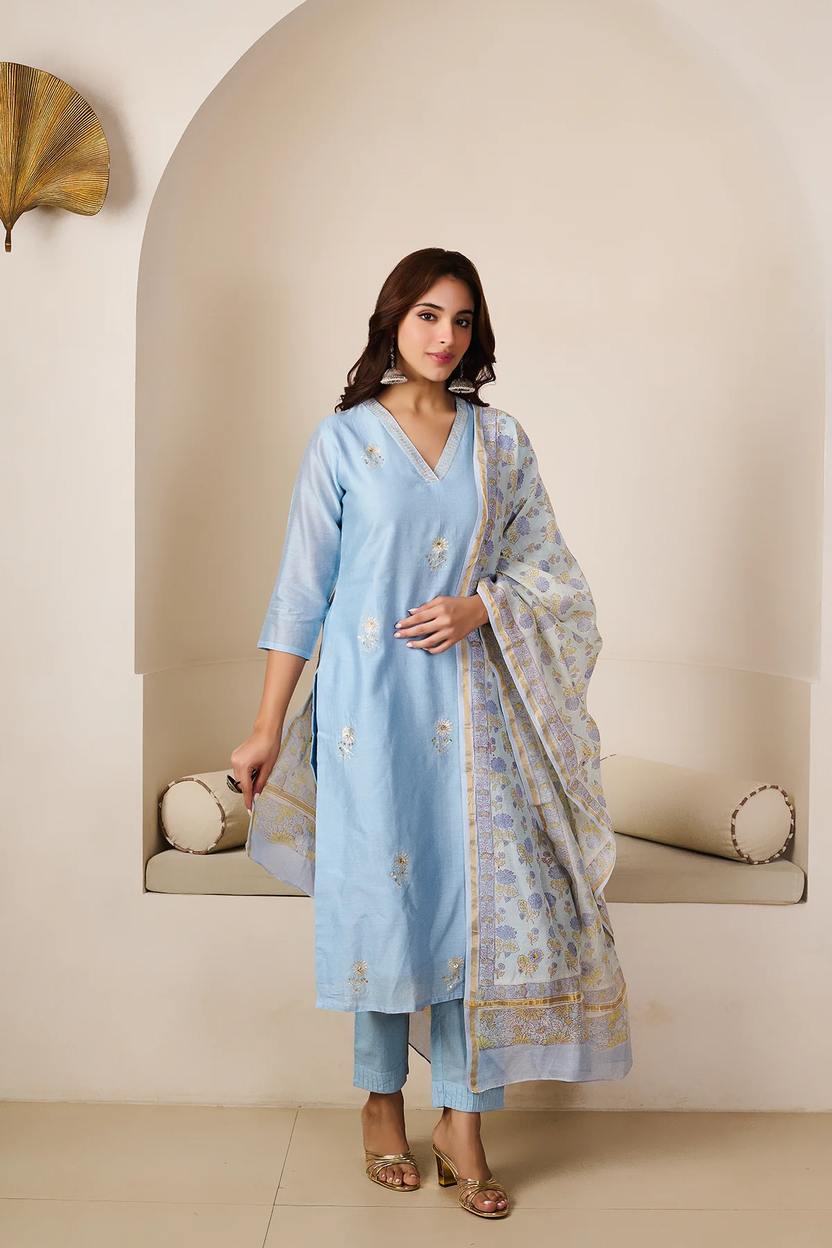 Kalindi Blue Chanderi set of 3 - Image 2