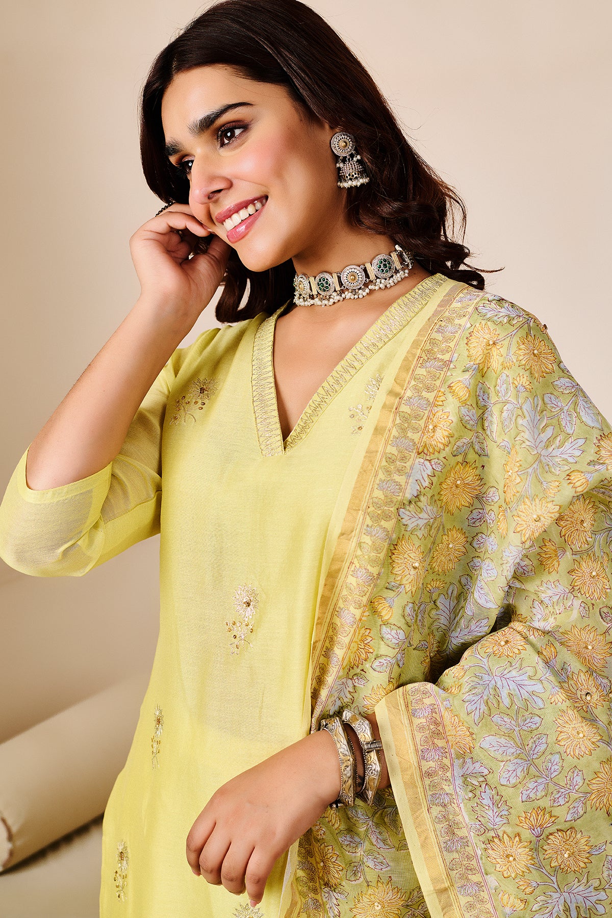 Kalindi Yellow Chanderi set of 3 - Image 4