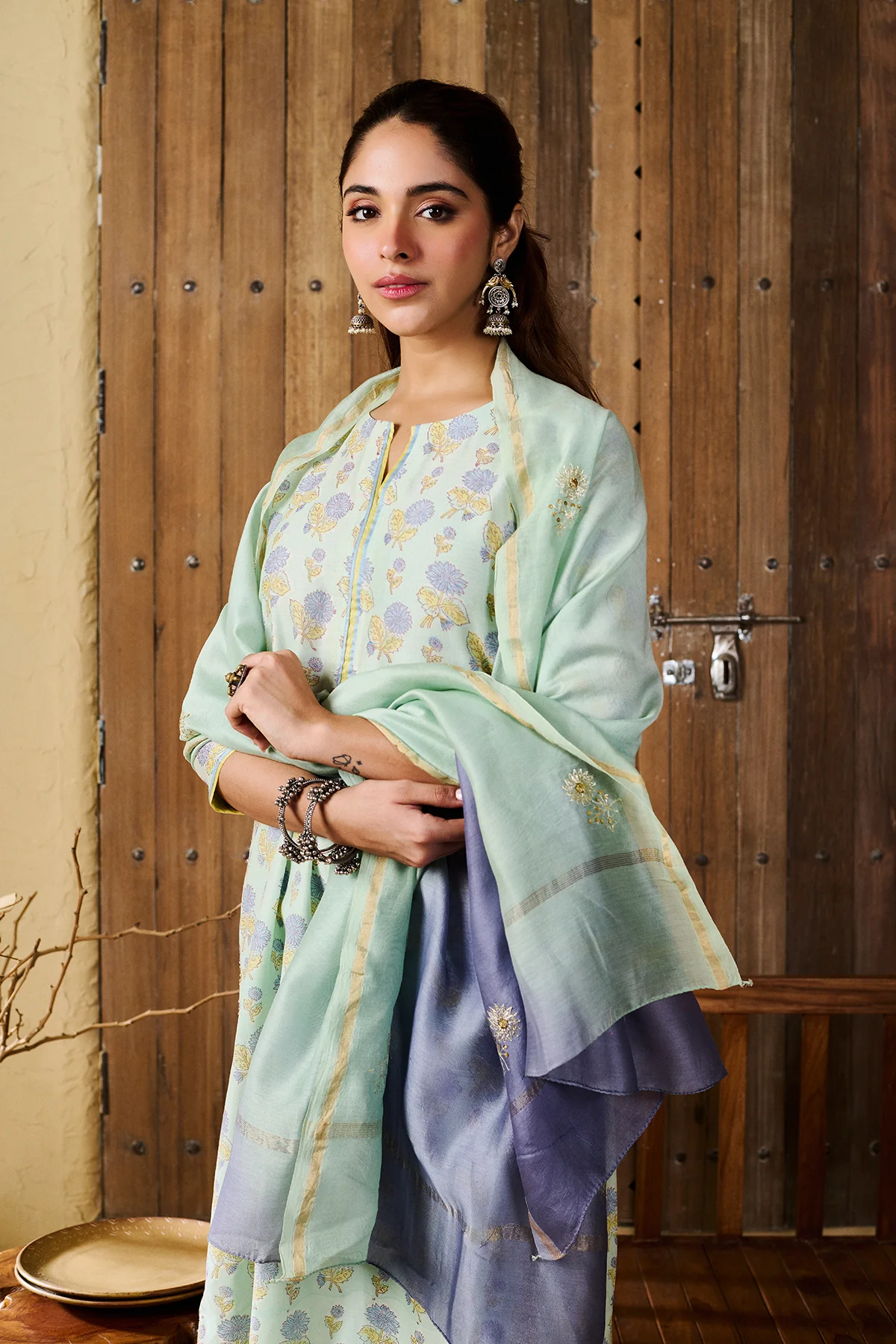 Kalindi Blue Chanderi set of 3