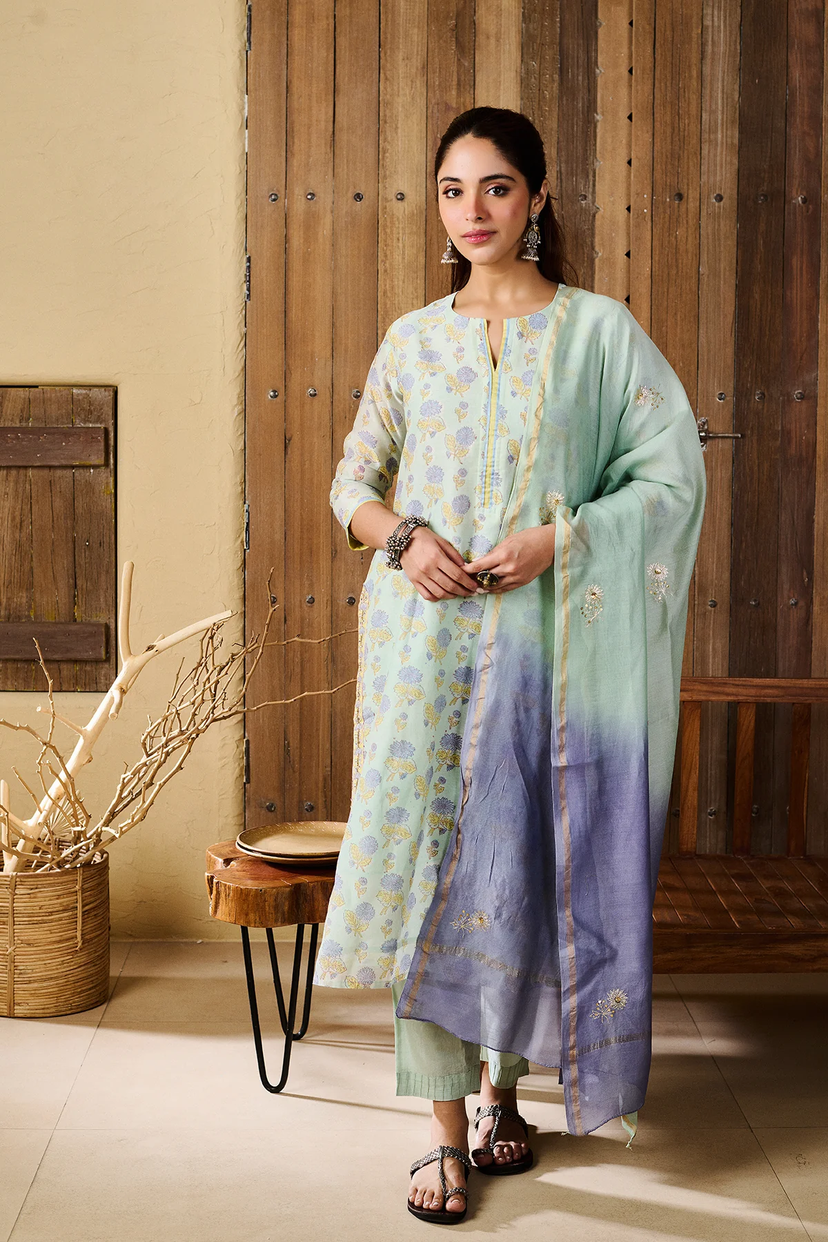Kalindi Blue Chanderi set of 3 - Image 2