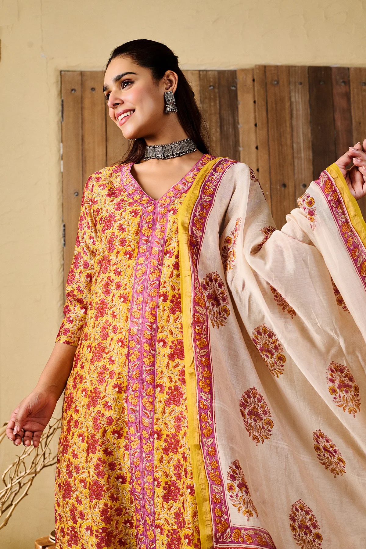 Kalindi Yellow Chanderi set of 3 - Image 3