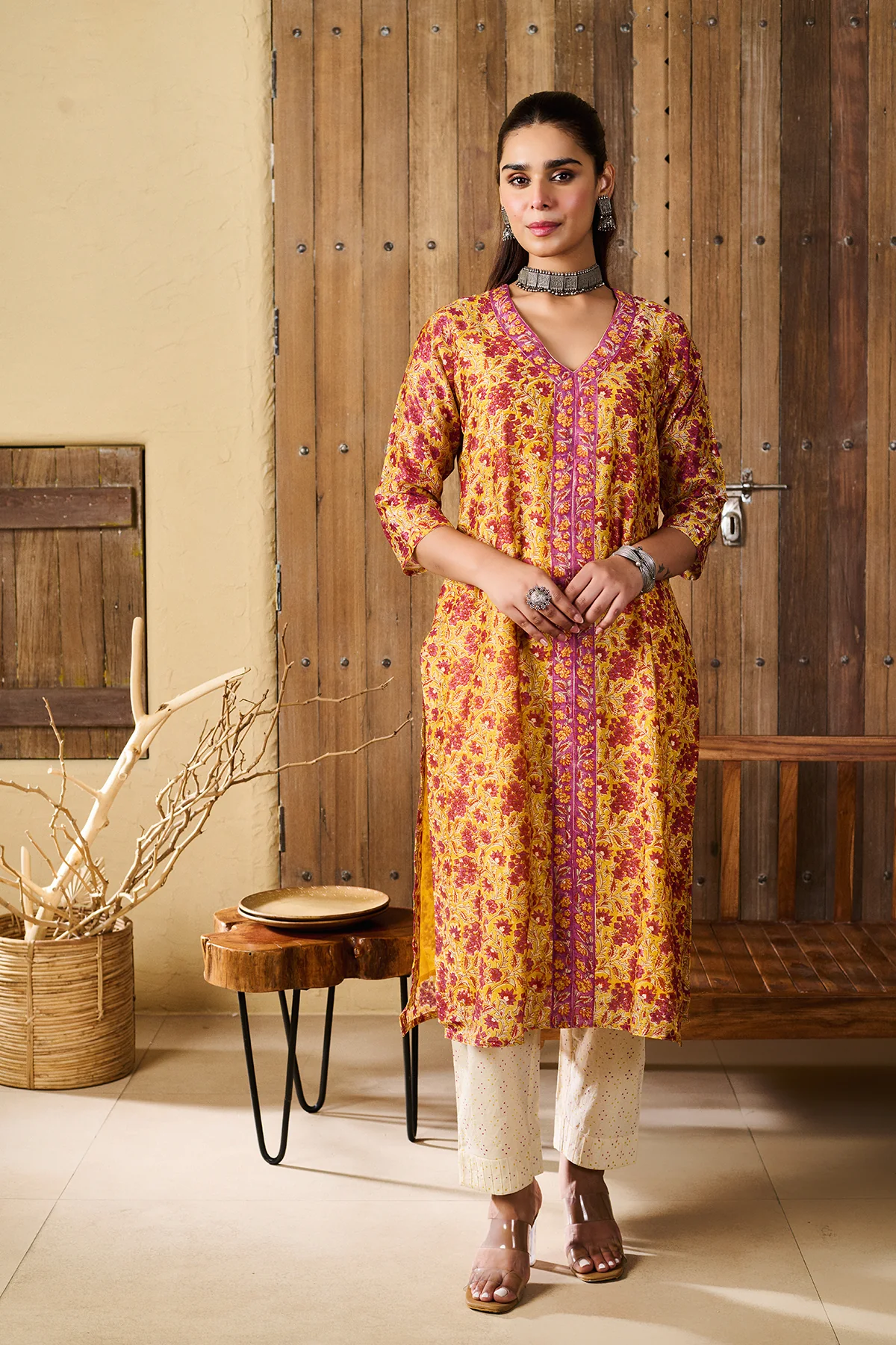 Kalindi Yellow Chanderi set of 3 - Image 4
