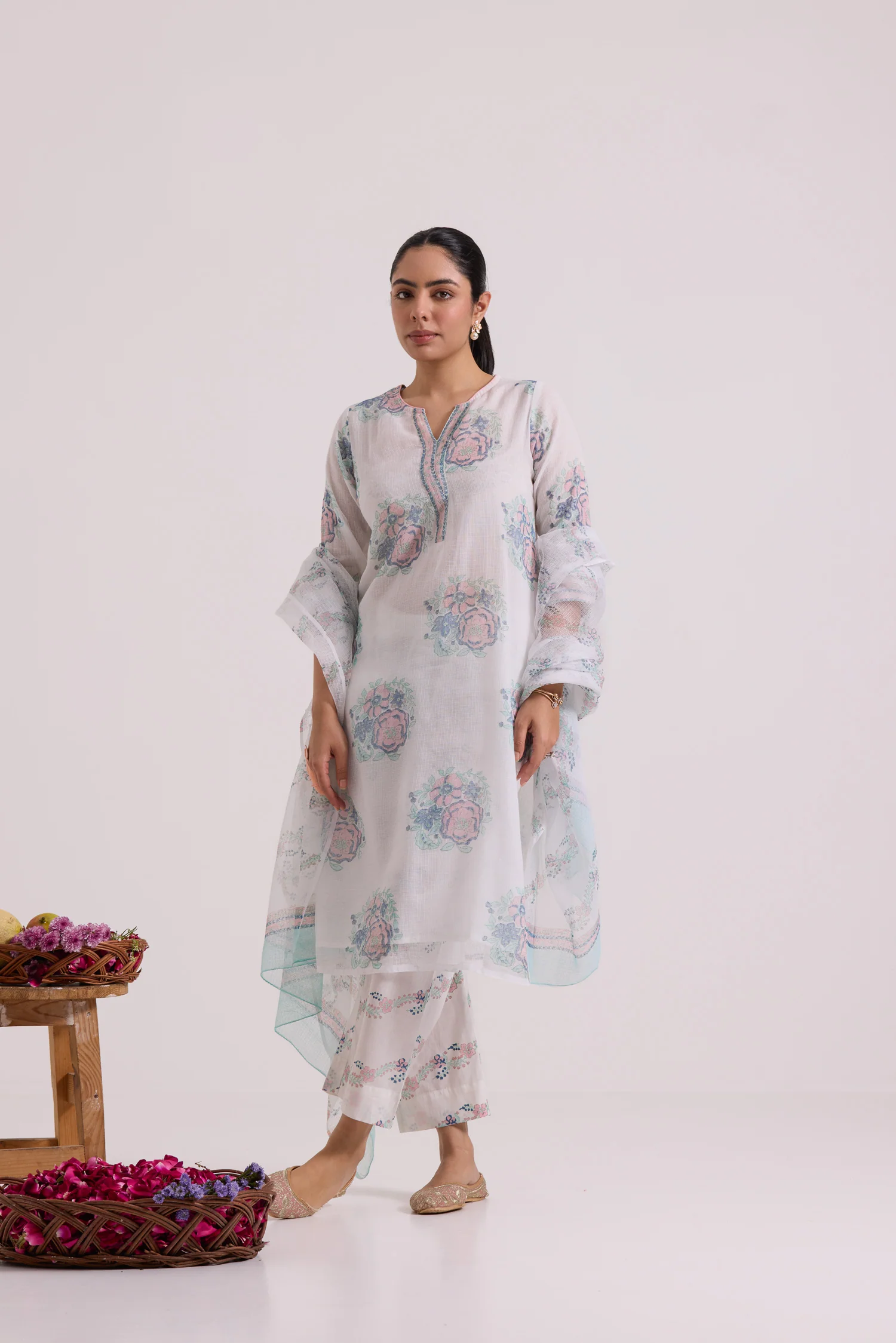 फूलWARI White Pink Gulab Kota Doria Set of 3 - Image 4