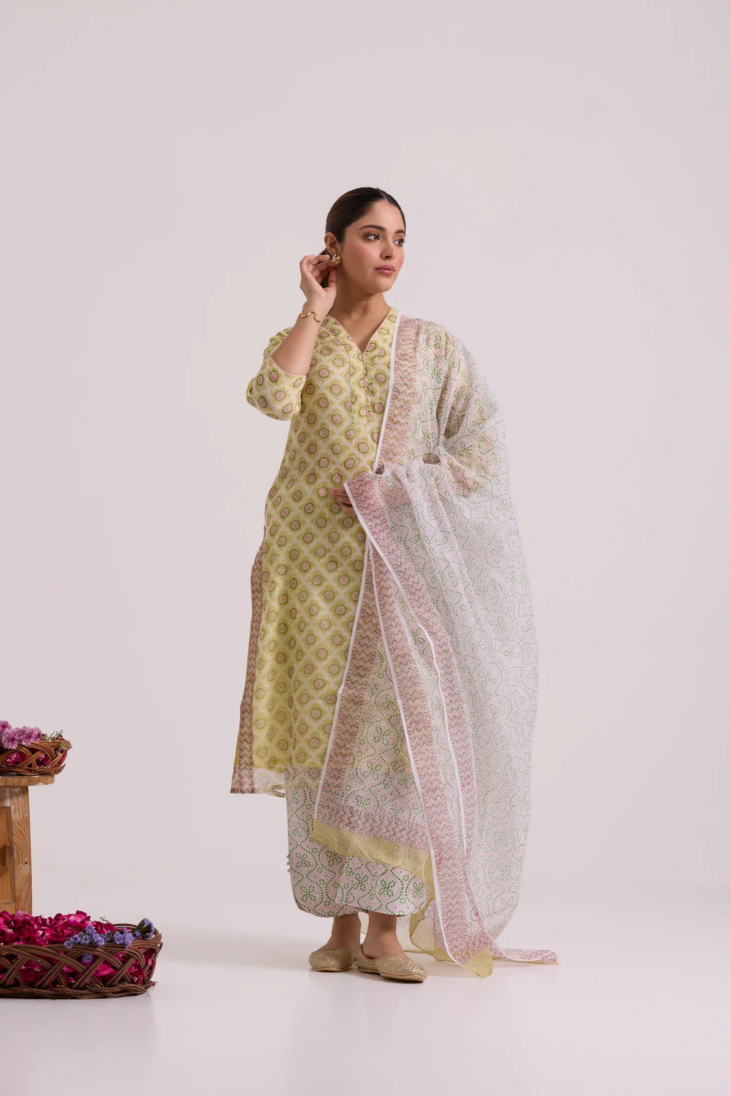 फूलWARI Olive Kota Doria Set of 3 - Image 4