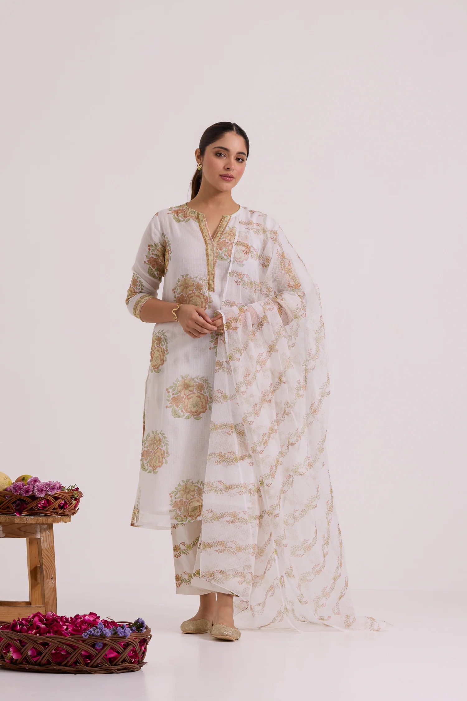 फूलWARI White Olive Gulab Kota Doria Set of 3 - Image 3