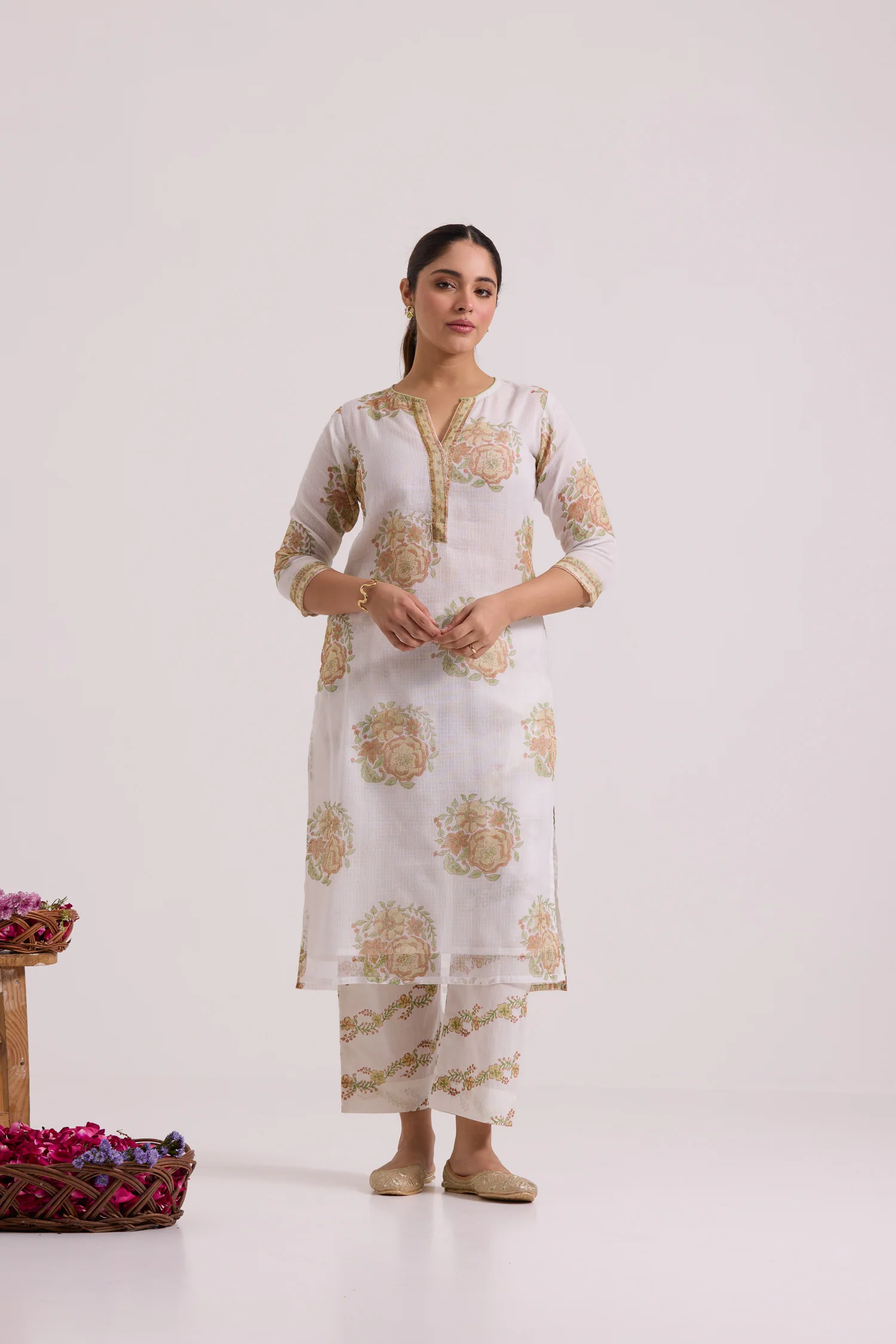 फूलWARI White Olive Gulab Kota Doria Set of 3 - Image 6