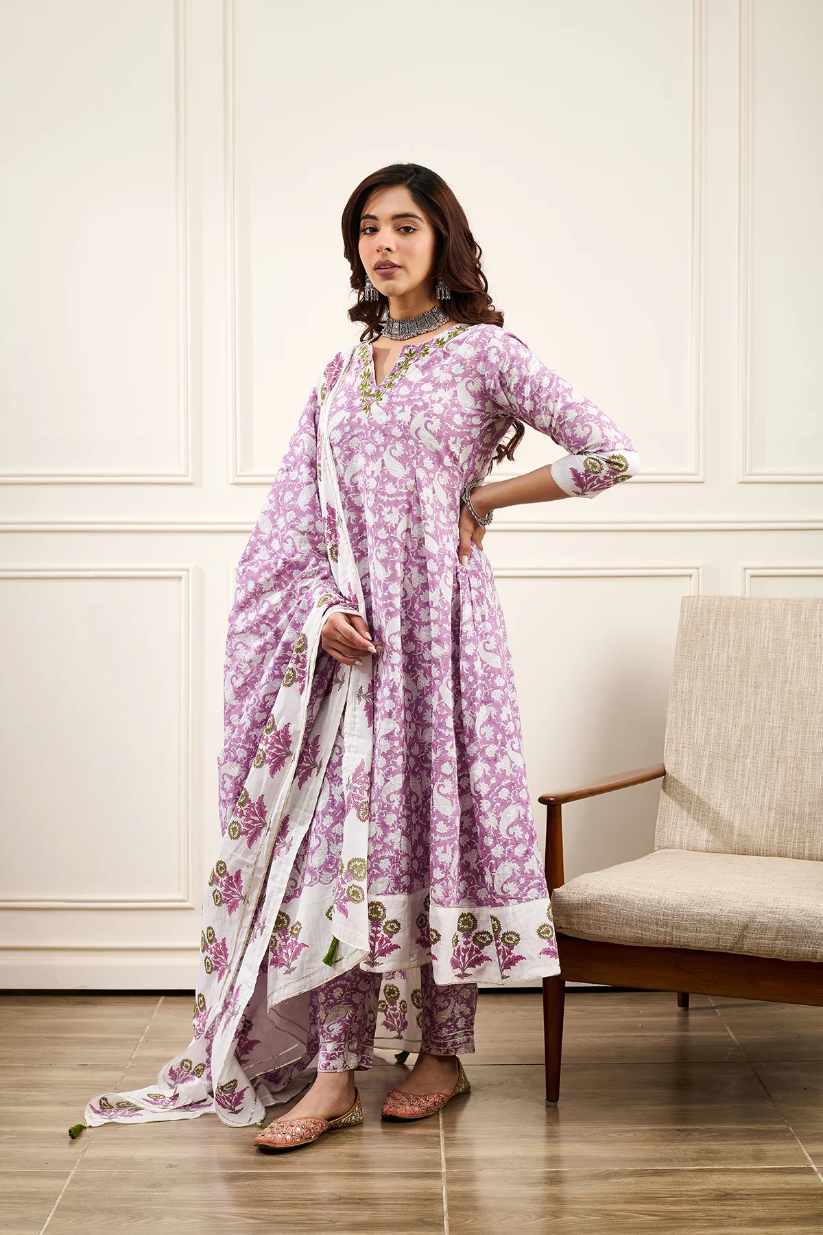 Roohi Purple A-line Kurta with Pant and Dupatta- Set of 3 - Image 3