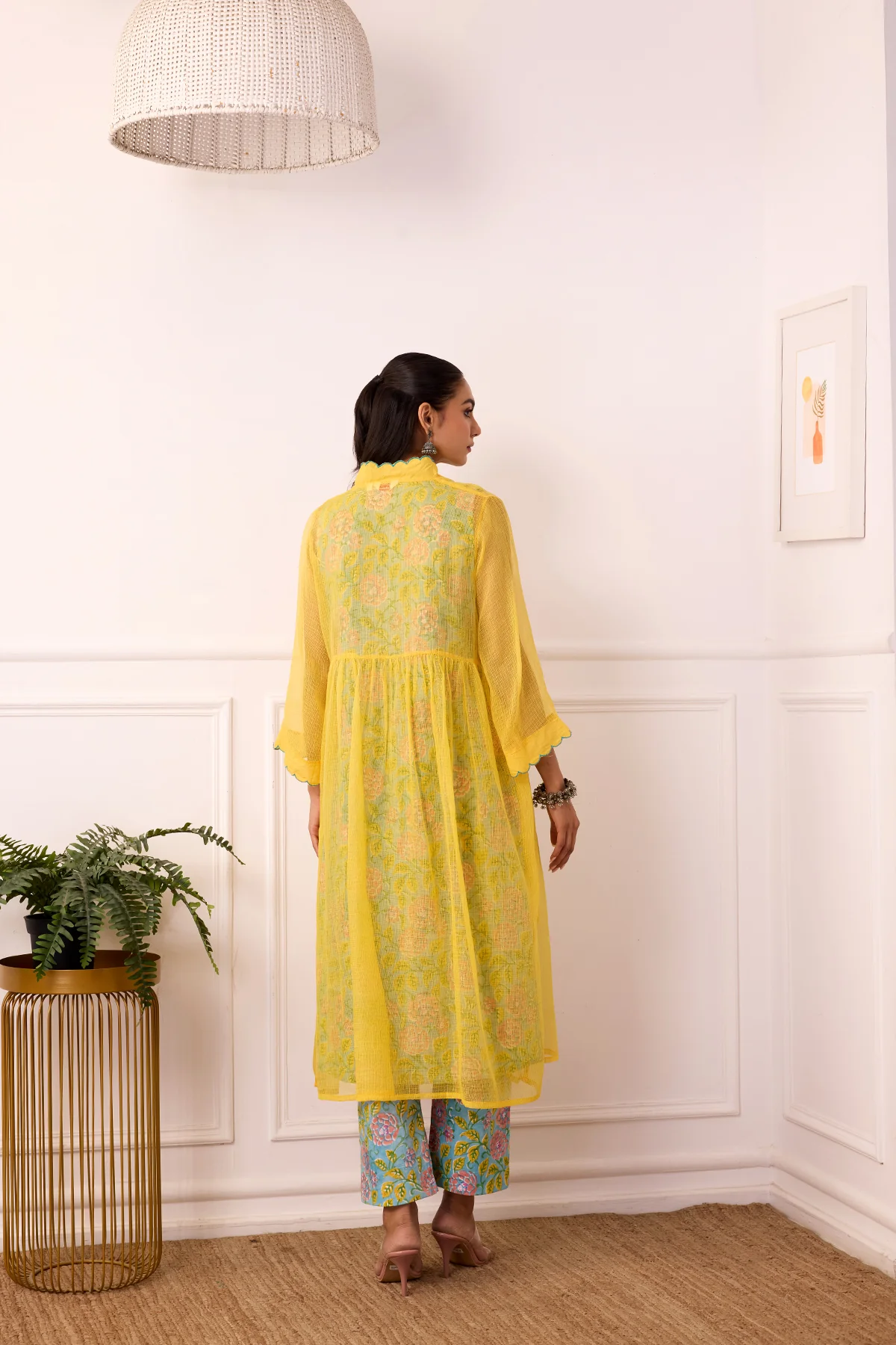 Sukoon Yellow Handblock Printed Kota Doria Set with slip set of 3 - Image 2