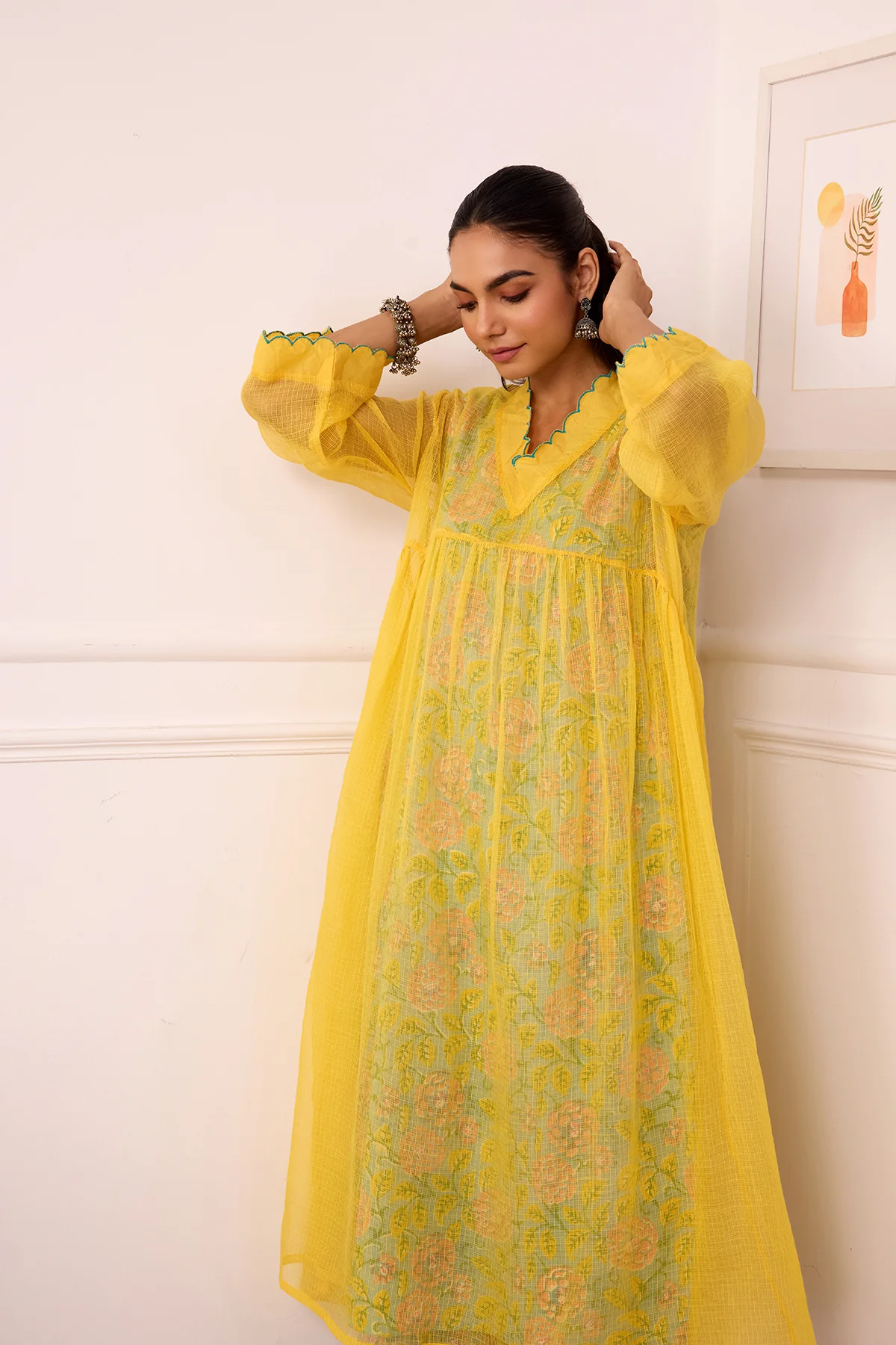 Sukoon Yellow Handblock Printed Kota Doria Set with slip set of 3 - Image 4
