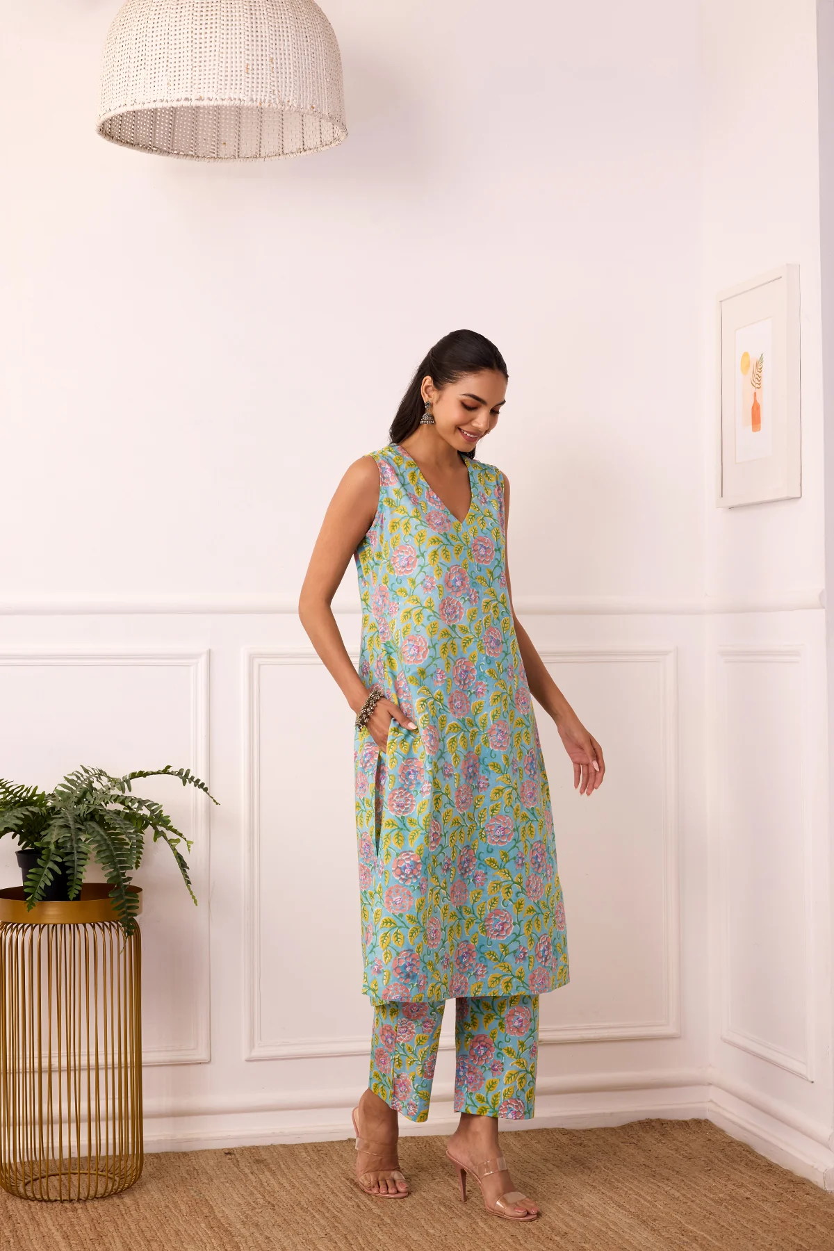 Sukoon Yellow Handblock Printed Kota Doria Set with slip set of 3 - Image 7