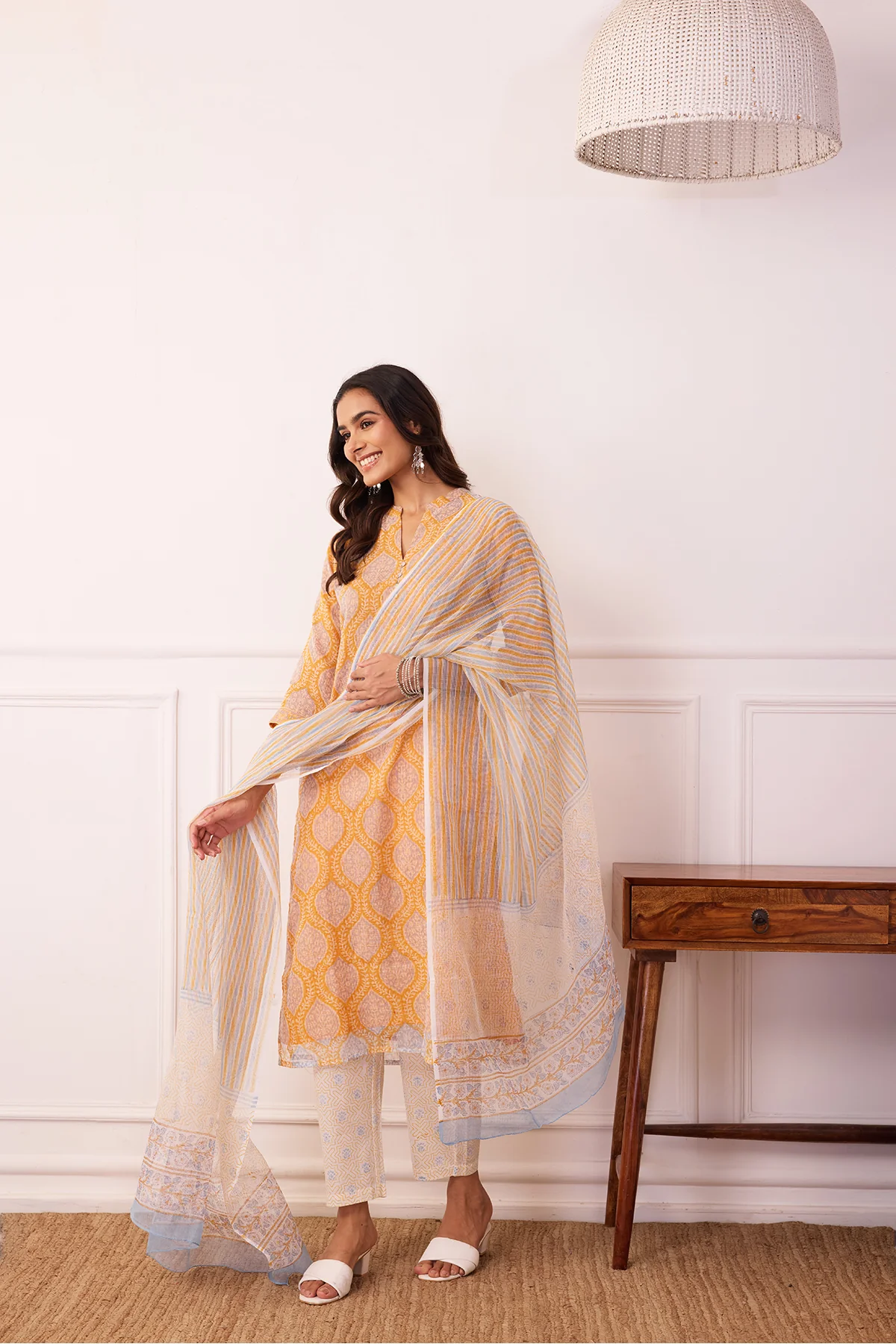Sukoon Mustard Jaal Kota Doria Set of 3 - Image 3