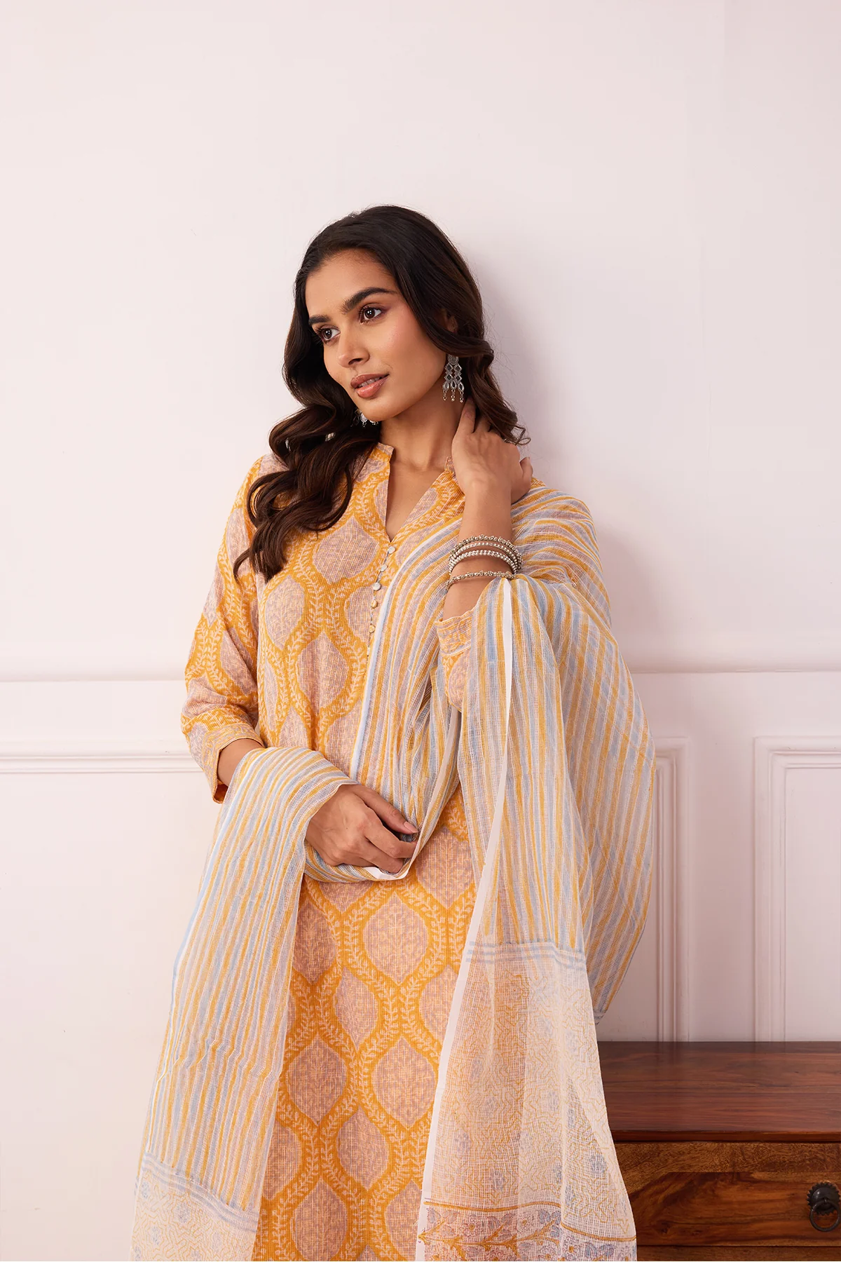 Sukoon Mustard Jaal Kota Doria Set of 3 - Image 4
