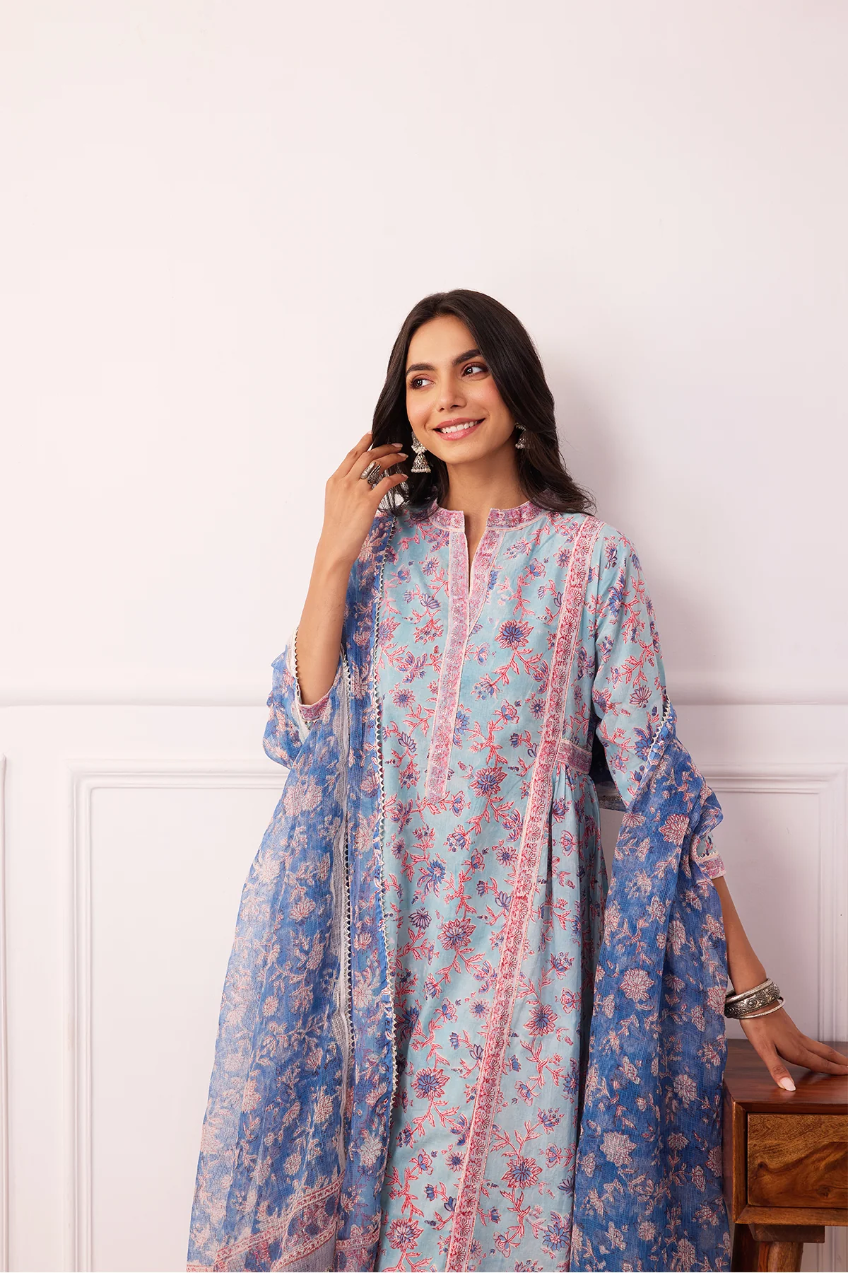 Gul-Posh Sky Blue Cotton A-Line Suit Set of 3 - Image 4